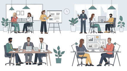 Fototapeta premium Diverse teams collaborating and presenting ideas in modern office settings