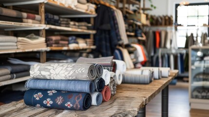 A display of rolled fabrics on a wooden table in a textile store. Various colors and patterns are visible, showcasing a range of materials for sewing and crafting.