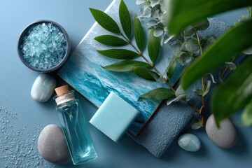 Soft pastel blue mood board with water textures and spa products