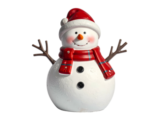 Cheerful snowman with hat, scarf, twig arms, button eyes