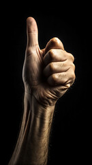 A close up view of a human hand giving a thumbs up gesture against black
