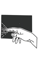 A stylized drawing of a hand reaching towards a dark rectangular shape with radiating lines