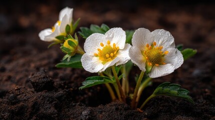 Blooming strawberry flowers on rich soil in a vibrant garden setting.