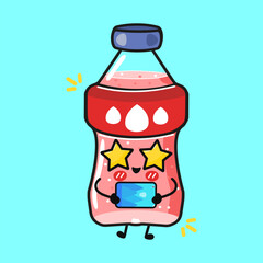 Cute soda bottle character using a tablet
