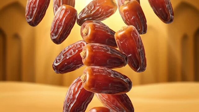 A vertical stack of ripe, brown dates against a warm, golden desert-themed background with architectural elements and glowing light.