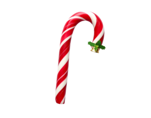Red and white striped confectionery cane adorned with festive greenery and a bell