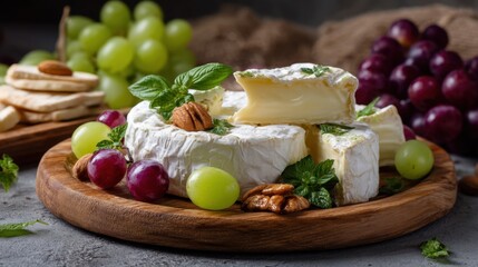 Assorted grapes and brie cheese with nuts and mint on wooden platter.