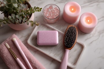 Pastel mood board with beauty tools and candles