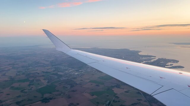 View shows the wing of an airplane extending over a thick layer of clouds on a clear day. The sky appears bright with some clouds visible in the distance.