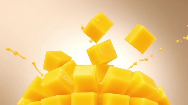 Vibrant yellow diced mango pieces with splashes of juice, some flying in the air against a warm background.