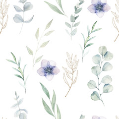 Watercolor seamless pattern with eucalyptus branches and flowers . Hand drawn illustration on white background
