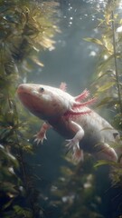 Obraz premium Axolotl swimming through underwater aquatic plants with sunlight
