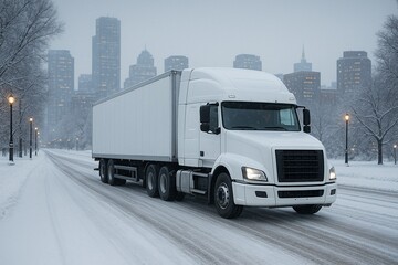 Large white semi truck driving down snowy road in city. Truck is surrounded by street lights and urban skyline in background. Concept of logistics and cargo delivery by road between regions