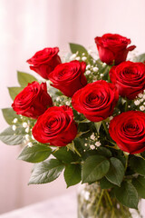 Red Rose Bouquet with Green Leaves on Soft Light Background