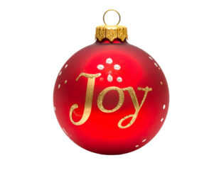 Red ornament with "Joy" in gold script and speckled pattern