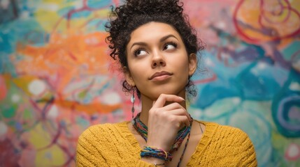 Naklejka premium Thoughtful young african female against colorful abstract background.