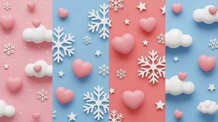 Set of 3D render backgrounds with pink hearts, white clouds, snowflakes and stars on pastel pink and blue backdrops