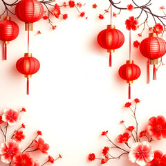 A bright festive design featuring vibrant red lanterns and tree branches with blooming red and pink flowers, with soft white background creates a clean, spacious center ideal for text or messages.