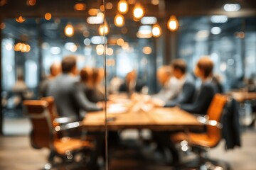 Boardroom meeting with blurred background showing business people collaborating in a small startup during a brainstorming session