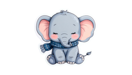 Cartoon baby elephant, sitting, with blue scarf, blush, large ears, closed eyes
