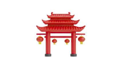 3D Red Chinese Pagoda Gate with Lanterns