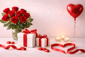 Romantic Valentine&rsquo;s Day Scene with Red Roses, Gifts and Heart Balloon