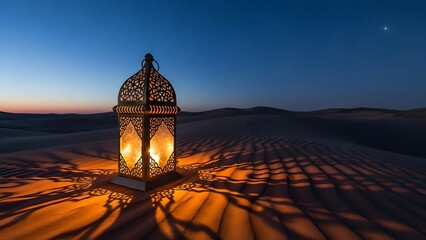 Desert Lantern Glowing at Night: Warm Light, Sand Dunes, Starry Sky, Moroccan Style, Cinematic 4K