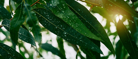 Freshly Dewed Eucalyptus Leaves in Rain
