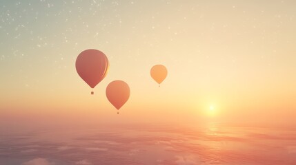 Fototapeta premium Three hot air balloons float over a misty landscape under a starry sunset sky