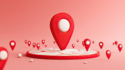 Red 3D map markers on pink background