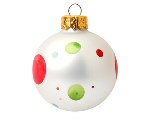 White orb ornament with colorful dots, metallic cap