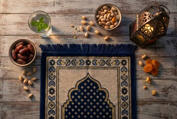 Ramadan Iftar Flat Lay with Prayer Rug Dates Water and Lantern on Wooden Table - 3D Illustration
