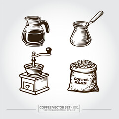Vector set of coffee pack, a coffee pot, coffee grinder, cezve, and a sack of coffee beans vector illustration. vintage style drawing Isolated items on white background.
