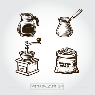 Vector set of coffee pack, a coffee pot, coffee grinder, cezve, and a sack of coffee beans vector illustration. vintage style drawing Isolated items on white background.
