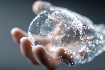 Hand holding a global network connection representing technology, data integration, cloud computing, and digital transformation solutions