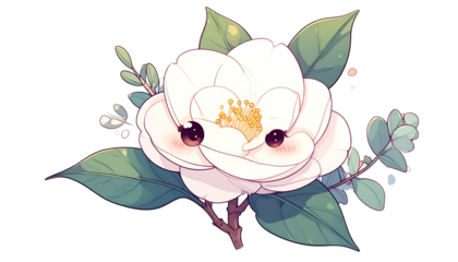 Adorable cartoon flower with a face, surrounded by leaves and sprigs, on a transparent bg