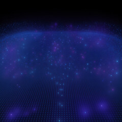Abstract futuristic landscape with glowing particles and a grid pattern background