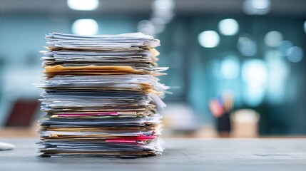 Stack of disorganized papers on office table with blurred background