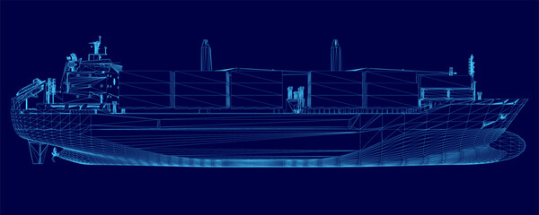 Blueprint of a large container ship in wireframe style, composed of precise lines and geometric shapes on a solid blue background. © German Ovchinnikov