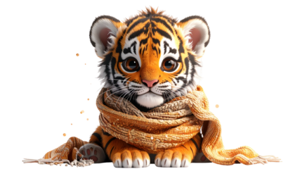 Adorable baby tiger cub with large eyes and orange and black stripes wrapped in a scarf