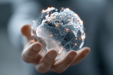 Hand holding a global network connection representing technology, data integration, cloud computing, and digital transformation solutions