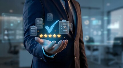 a businessman presenting a holographic display of checklists with a prominent checkmark and five star rating symbols symbolizing quality and successful completion of