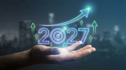 A glowing hand presents the year 2027 with upward trending arrows amidst a blurred cityscape symbolizing growth progress and future opportunities in a