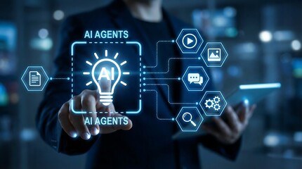 a person interacting with a digital interface displaying artificial intelligence agents networks and a glowing lightbulb symbol representing innovation and future technology