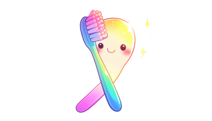 Cartoon tooth character with a rainbow toothbrush, sparkling, against black