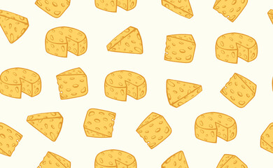 Hand drawn italian food pattern in doodle style. Cheese pieces in quirky crayon style. Italy ingredient, cheese chunk, mediterranean dinner element for pasta, menu. Minimal doodle sketch. Vector illus