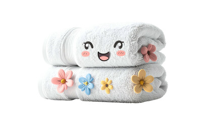 Two white fluffy towels stacked, smiling face on top towel, flowers adorn them
