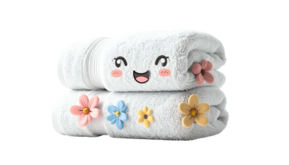 Two white fluffy towels stacked, smiling face on top towel, flowers adorn them