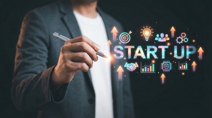 a businessman in a suit is seen gesturing with a pen towards a glowing startup concept with various digital icons and text