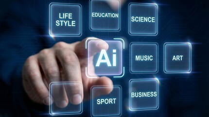 a hand reaches towards glowing digital buttons displaying various concepts like ai life style education science music business and representing future technology